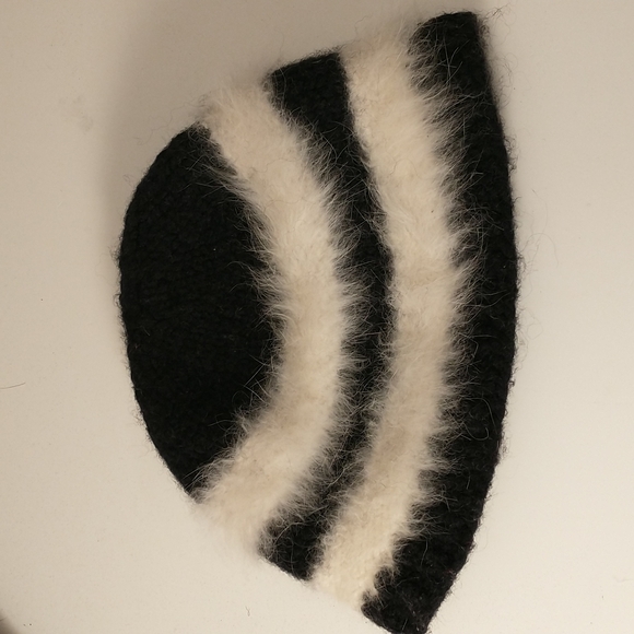Handmade Knit Hat White Angora with Black Super Cute Fuzzy Striped Handknit OOAK - Picture 5 of 6